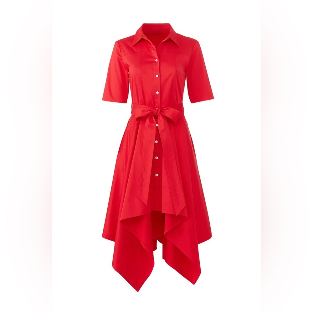 Badgley Mischka Red Asymmetrical Handkerchief Hem Shirt Dress Size 8 *PROJECT*